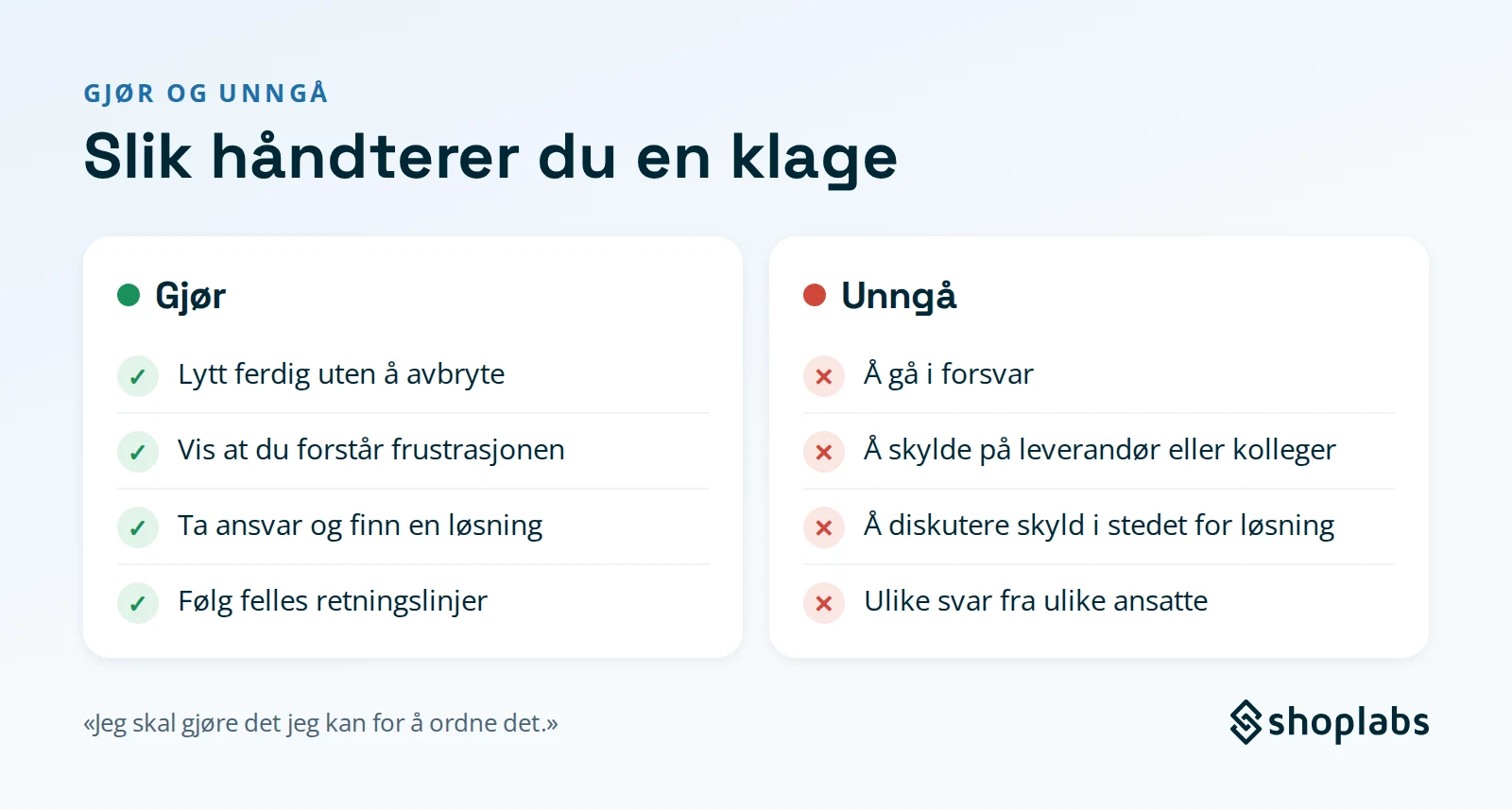 Gjør og unngå ved klager: lytt ferdig uten å avbryte, vis at du forstår frustrasjonen, ta ansvar og finn en løsning og følg felles retningslinjer – unngå å gå i forsvar, skylde på leverandør eller kolleger, diskutere skyld i stedet for løsning og ulike svar fra ulike ansatte